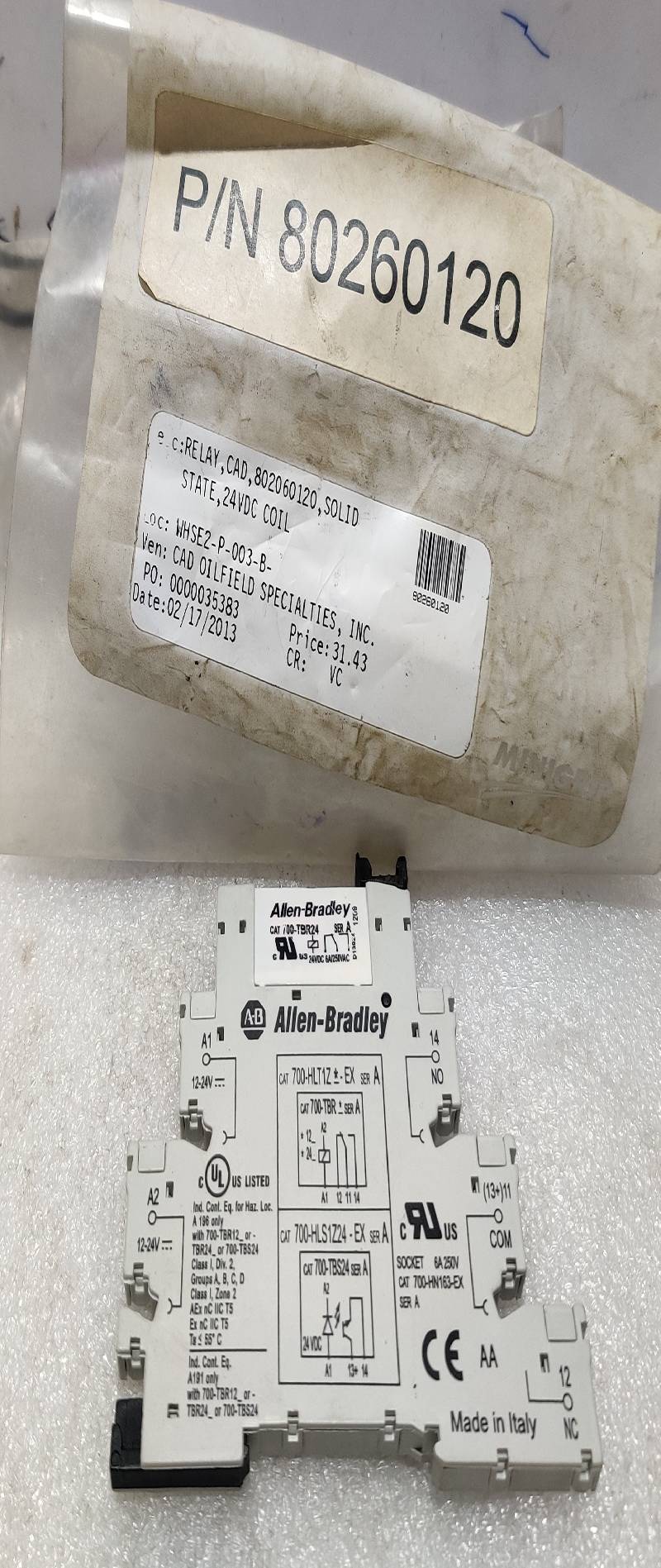 Allen Bradley 700-HLT1Z-EX Terminal Block Relay Ser A 6A 250V 700-TBR24 24VDC