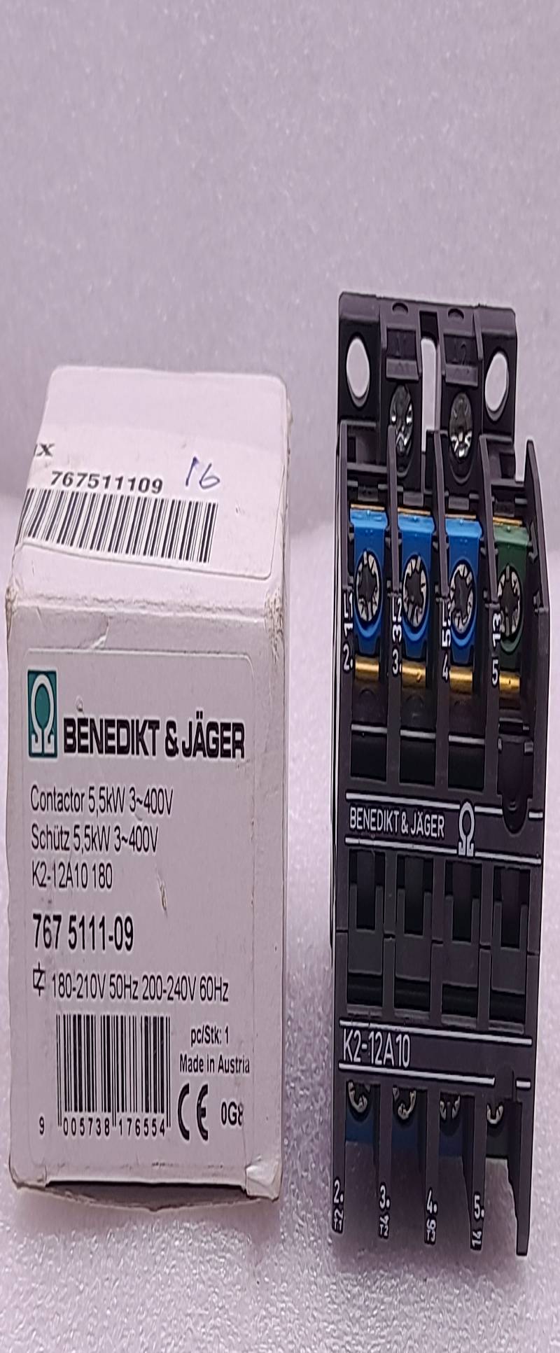 Benedikt & Jager K2-12A10 Contactor 180-210V 50Hz 200-240V 60Hz