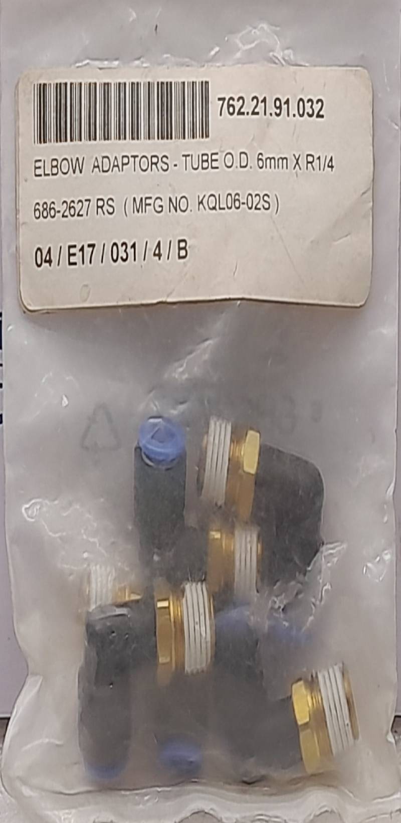 RS 6862627 Elbow Adapter-Tube O.D. 6mm X R1/4 KQL06-02S 5PCs In Lot