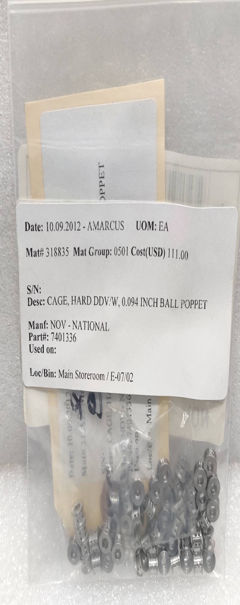 NOV NATIONAL 7401336 CAGE HARD DDV/W, 0.094 INCH BALL POPPET 