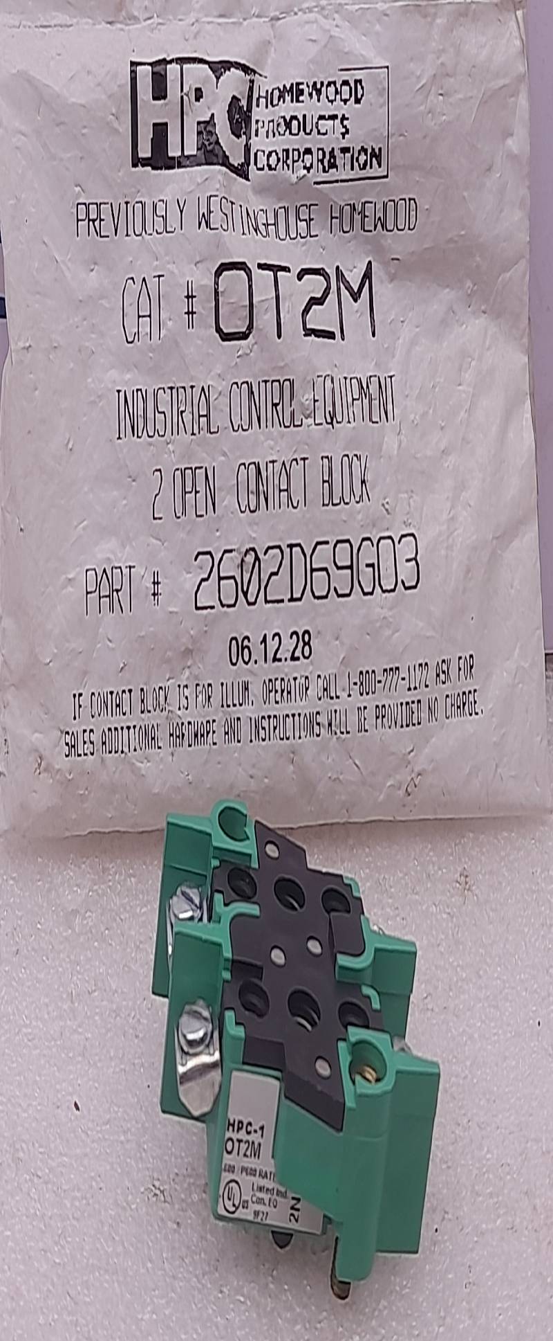 Homewood Products OT2M Industrial Control Equipment 2 Open Contact Block 2602D69G03