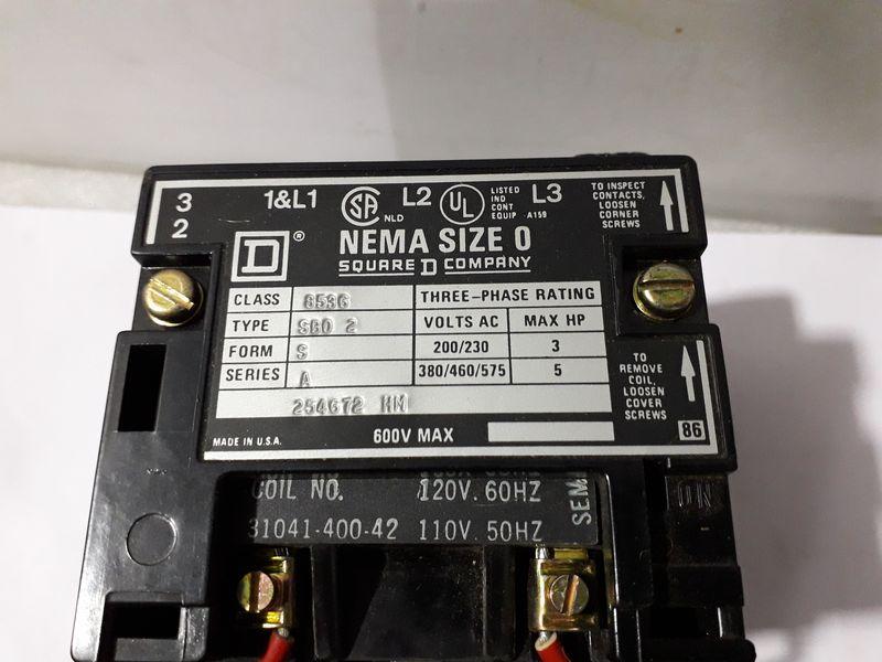 Square D 8536 SB0-2 Nema Size 0 Form-S SerA AC Magnetic Starter Open Type