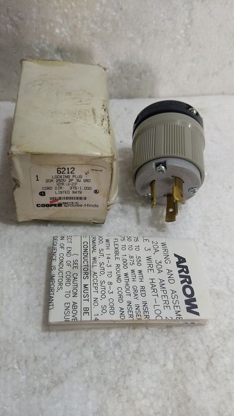 Arrow Hart 6212 Locking Plug 20A 250V 2P 3W GRD Nema L6-20P