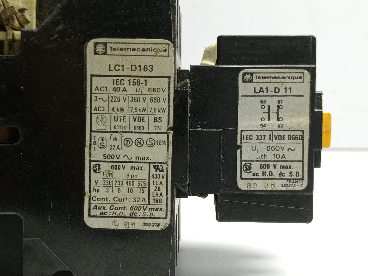 Telemecanique LC1 D163 Relay Contactor With LA1 D 11 Contact Block
