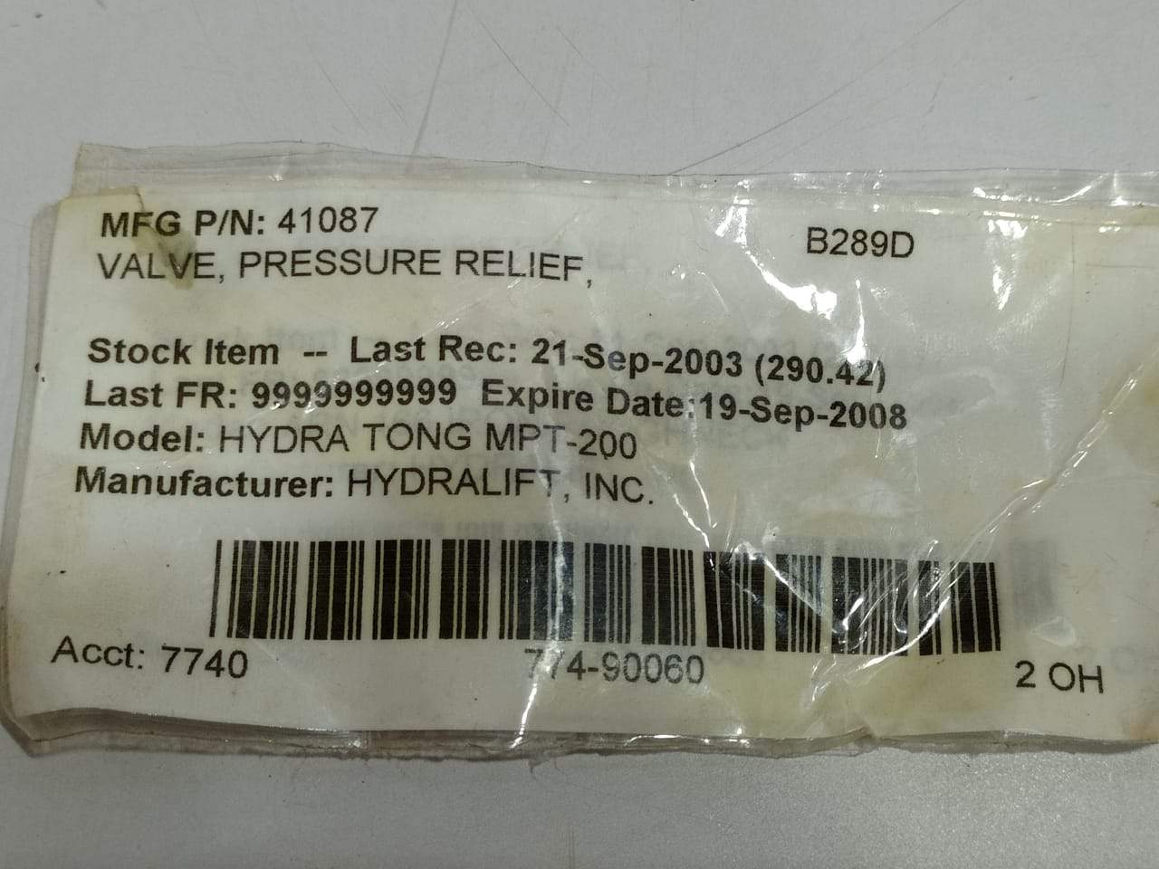 Hydralift 41087 Pressure Relief Valve - S N Ship Spares