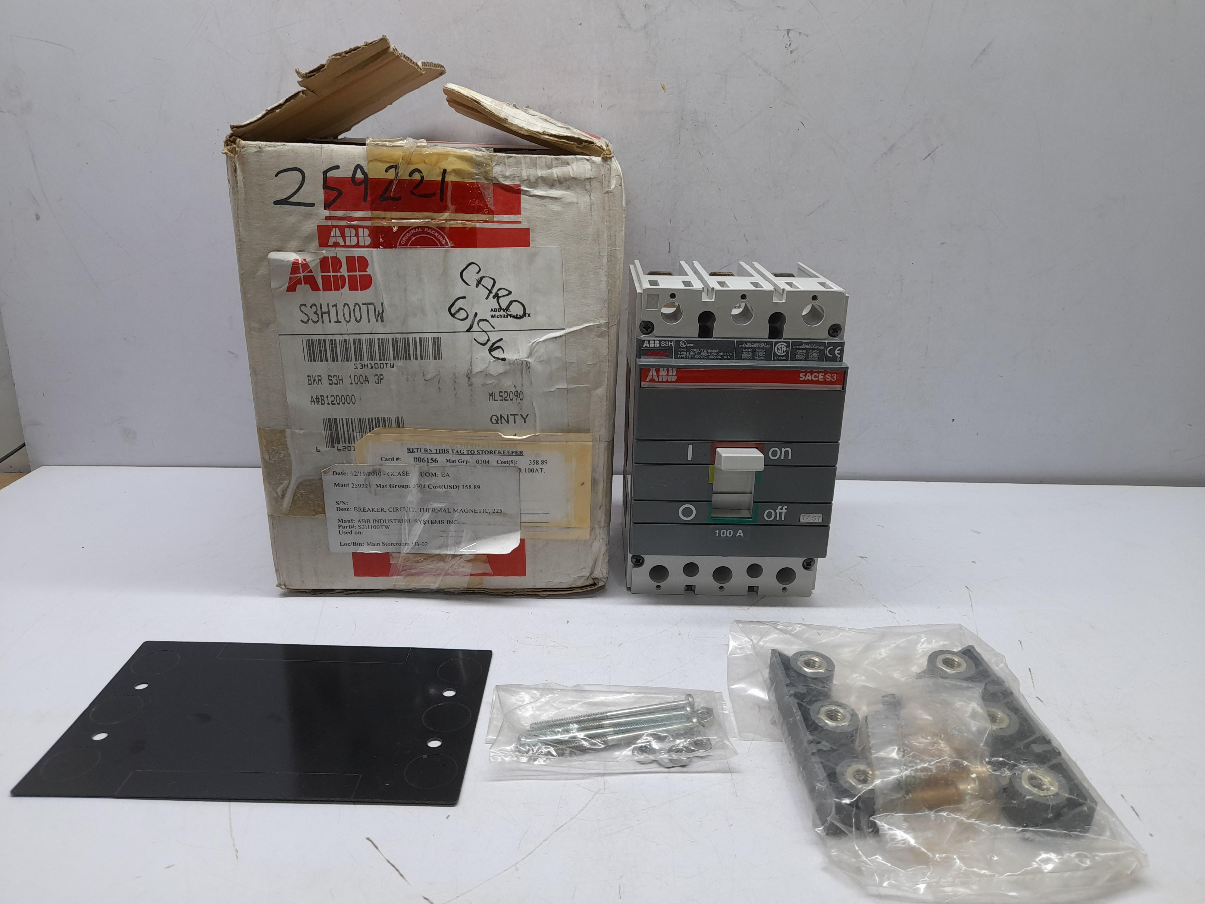 ABB SACE S3 S3H100TW Circuit Breaker S3H 100A