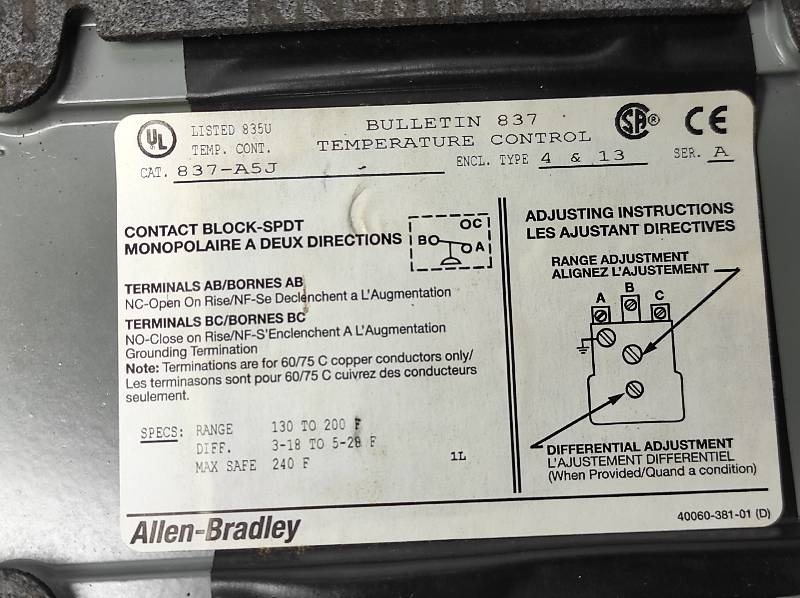 Allen Bradley 837-A5J Ser A Temperature Control Switch