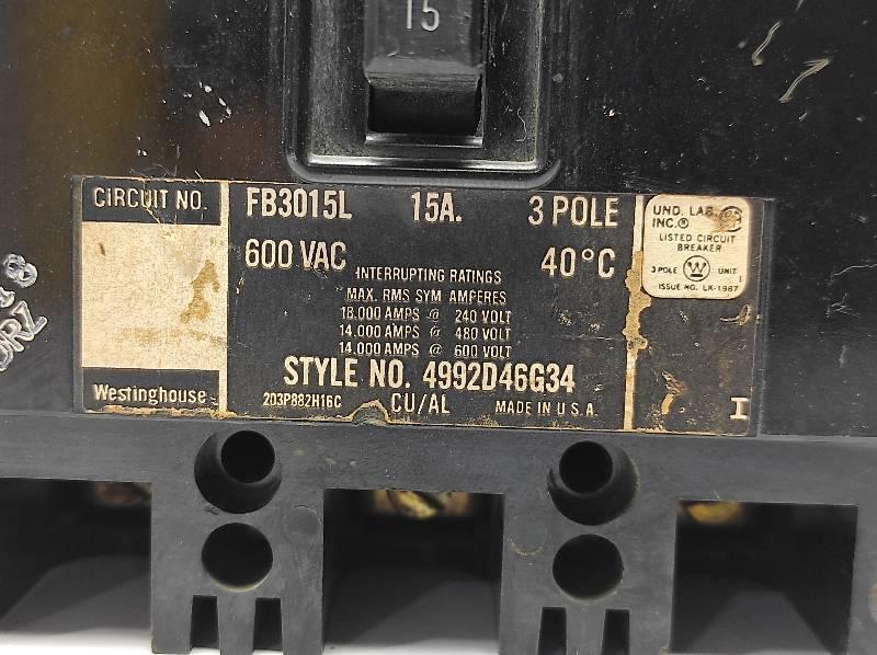Westinghouse FB3015L 15A 3Pole Circuit Breaker