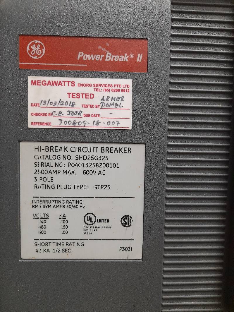 GE SHD25G325 HI-Break Circuit Breaker 2500A Frame Rating & 2500A Trip Unit & SPUV024DC / Power Break II
