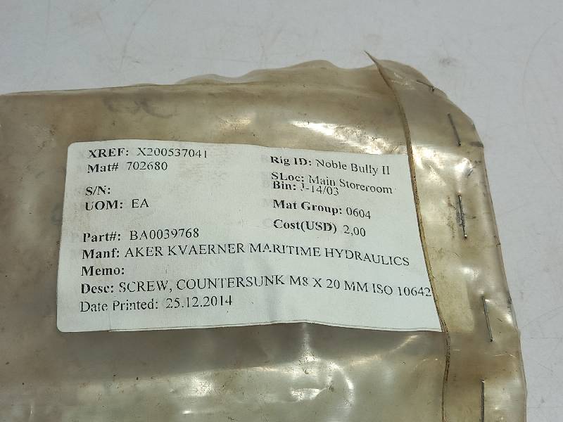 AKER SOLUTION BA0039768 SCREW COUNTERSUNKMS X 20MM ISO 10642 