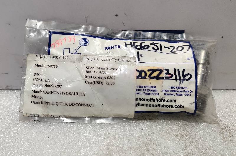 Hannon Hydraulics H6651-207 Disconnect Quick Nipple 3PCs In Lot