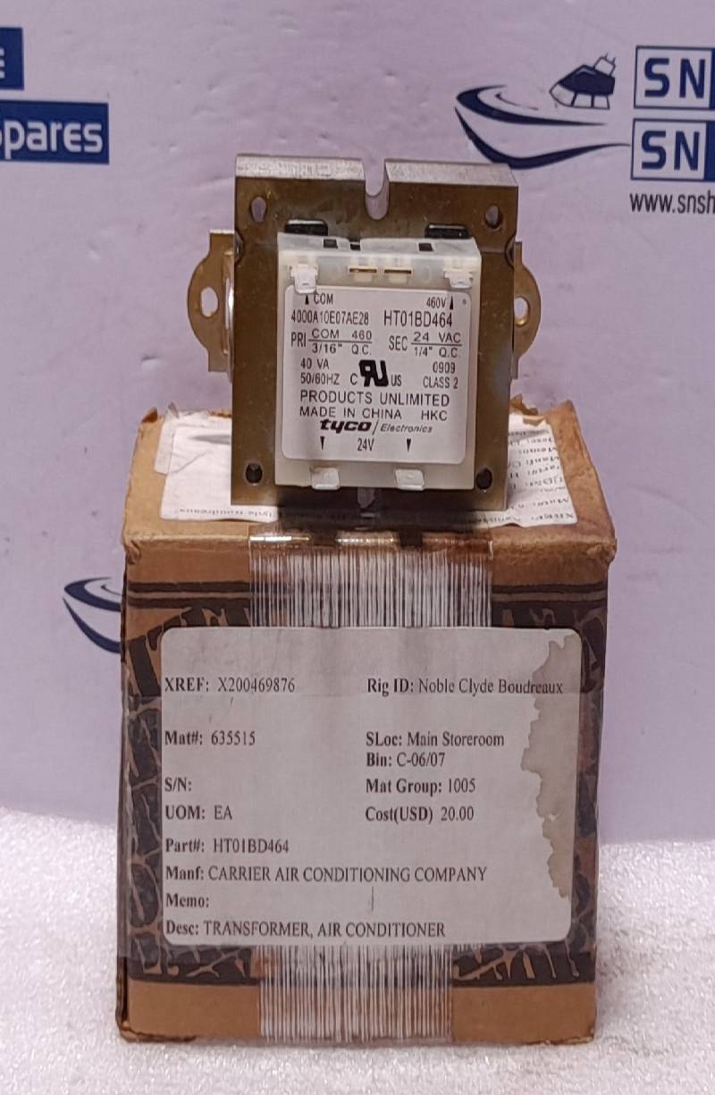 Tyco 4000A10E07AE28 Transformer Carrier HT01BD464 Pri 460V 40VA 5060HZ Sec 24VAC