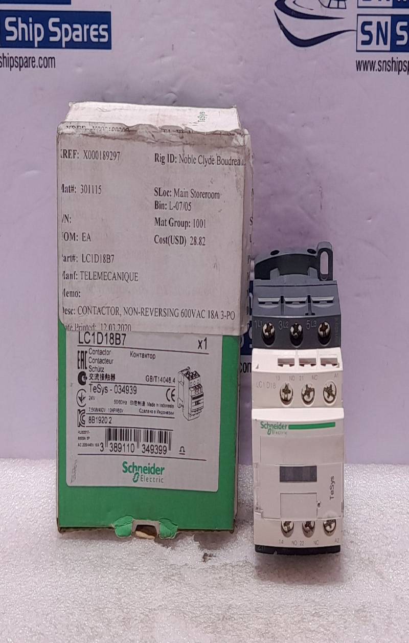 Schneider LC1D18B7 Contactor, Non Reversing 600 VAC 18A 3-PO