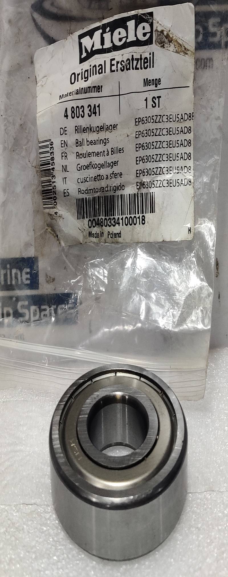 Miele 4 803 341 Ball Bearing NSK 6305Z