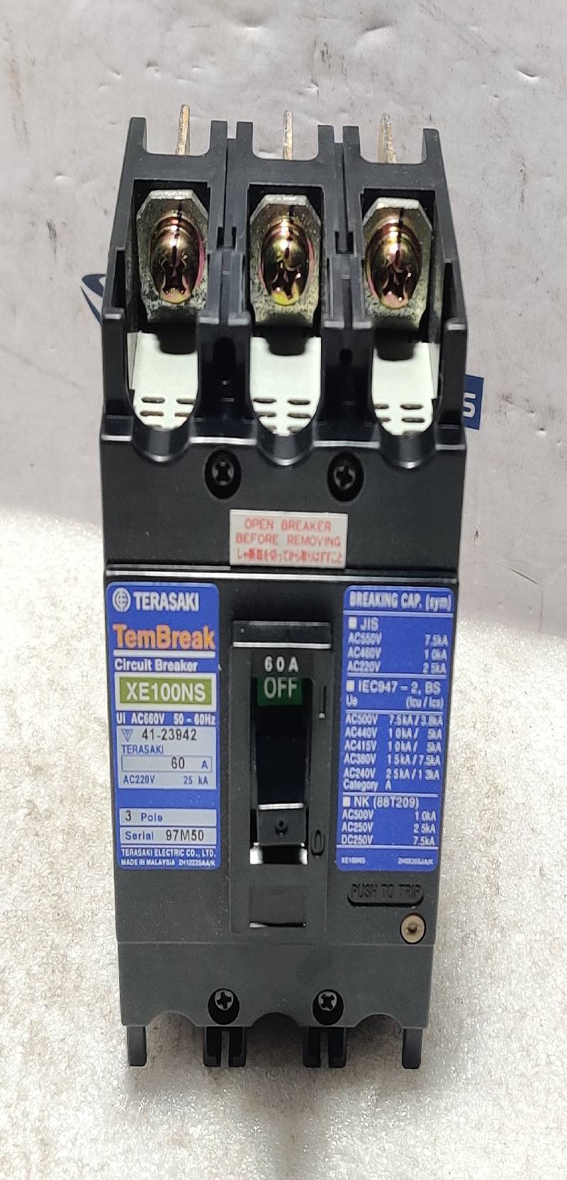  Terasaki Electric XE100NS TemBreak Circuit Breaker 60A 3Pole Ui AC660V 50~60Hz