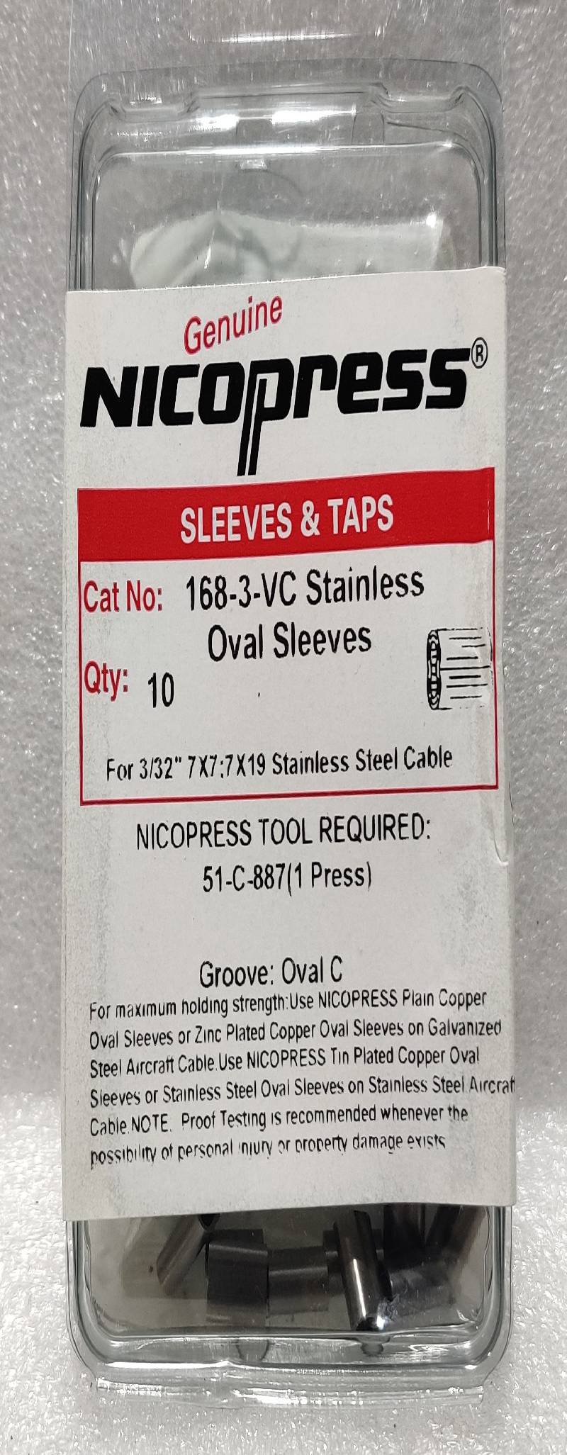 Nicopress 168-3-VC Stainless Oval Sleeves NOV 30158499-04 Pack of 10