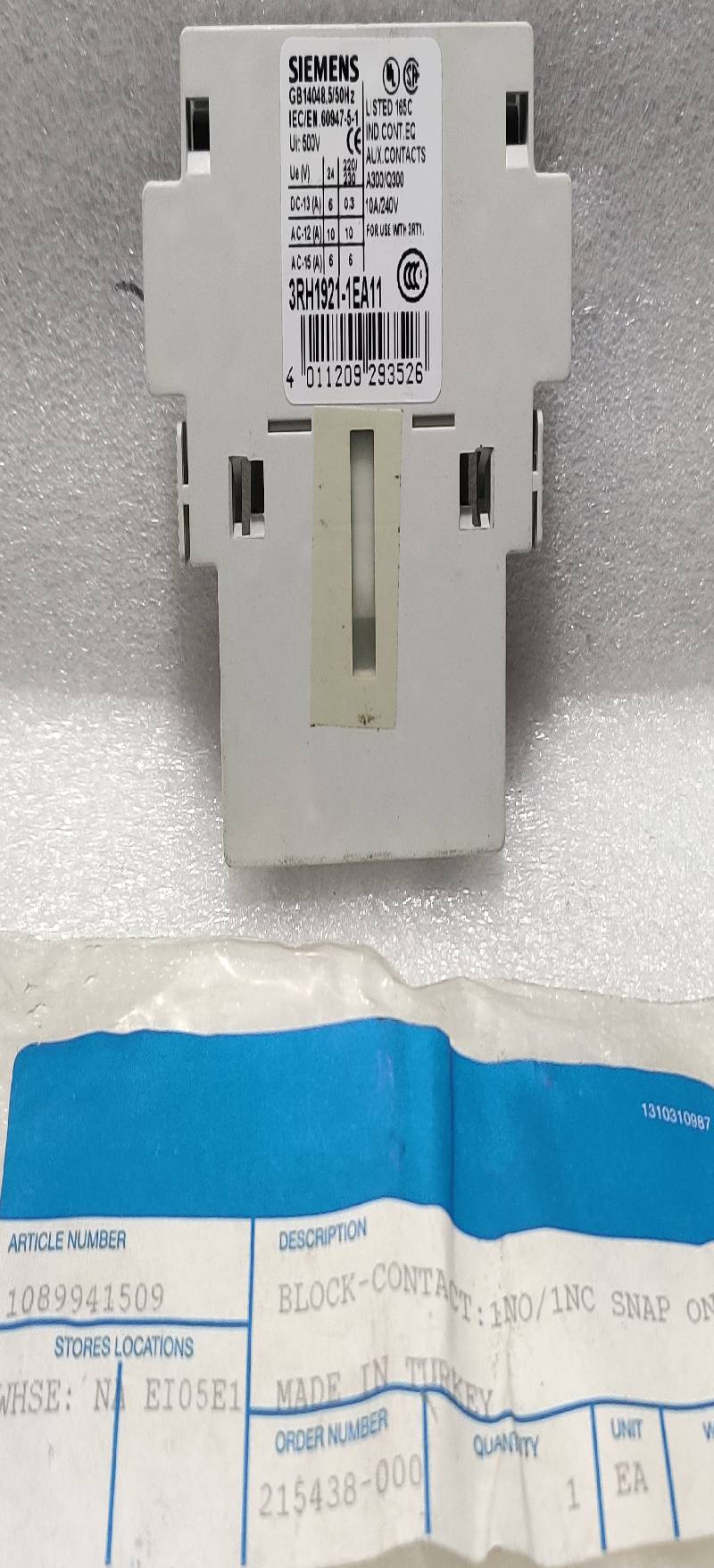 Siemens 3RH1921-1EA11 Auxiliary Contact Block 10A/240V GB14048.5/50Hz