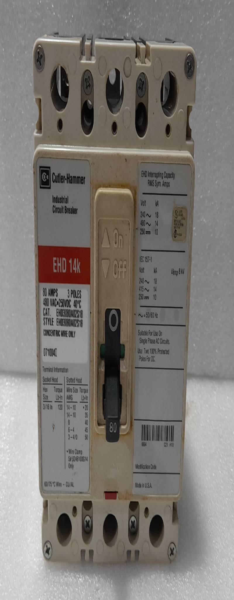 Cutler Hammer EHD3080A02S18 Industrial Circuit Breaker EHD 14k 80AMPS 3Poles 50-60Hz