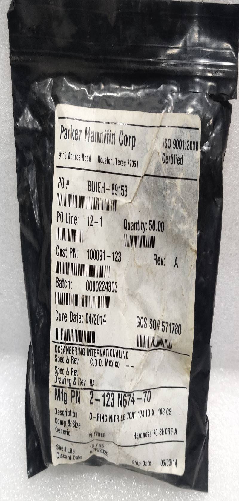 PARKER HANNIFIN CORP 2 – 123 N674 – 70 100091-123 O-RING NITRILE 70A1.174 ID X . 103 CS