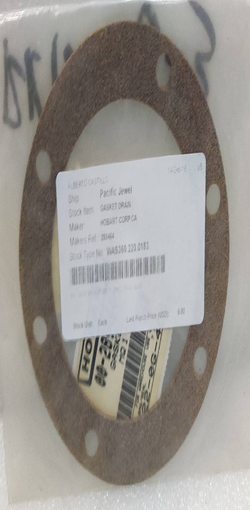 Hobart corp ca 289464 gasket drain bag/seal genuine parts