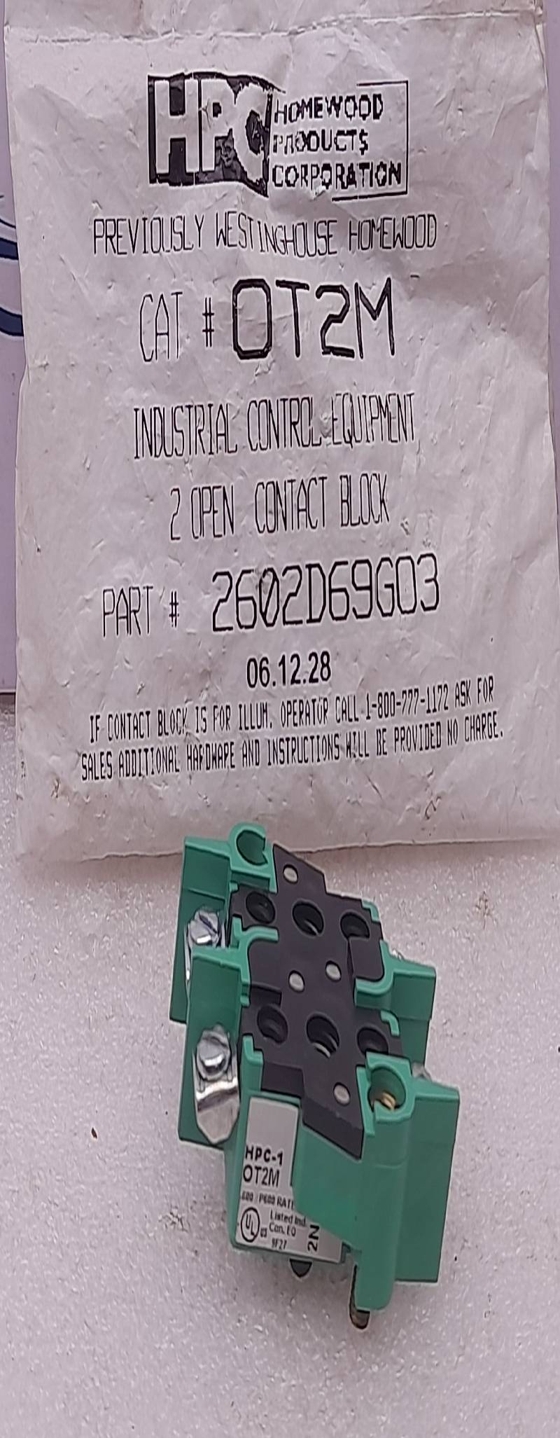Homewood Products OT2M Industrial Control Equipment 2 Open Contact Block 2602D69G03